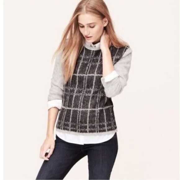 LOFT Plaid Gray Color Block Mohair Blend Crewneck Pullover Sweater Size Medium - Picture 1 of 12